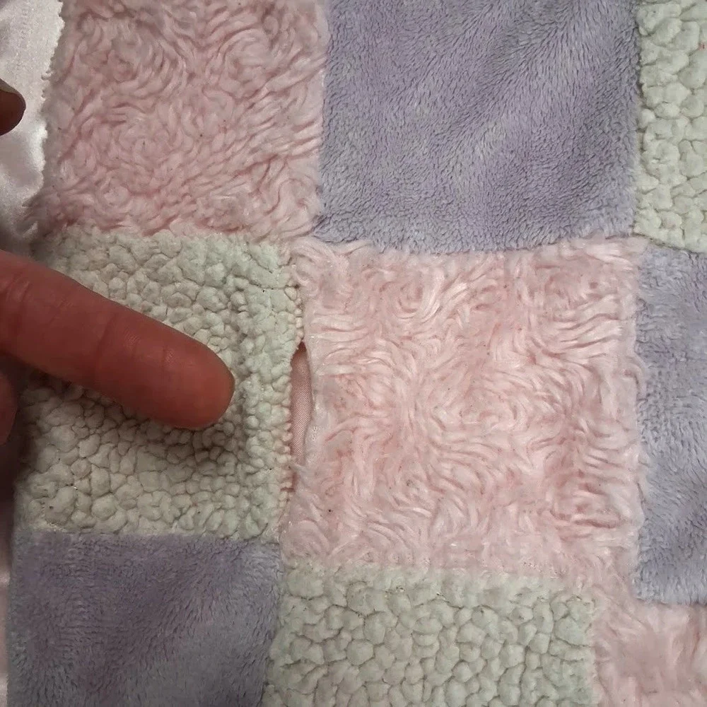 CoCalo Baby Girl Pink Purple Beige Patchwork Blanket Satin Trim Squares Sherpa